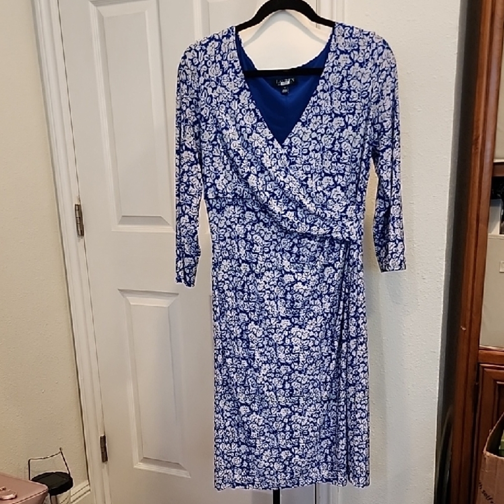 Lauren Ralph Lauren Blue and Pale Gray Floral Wrap-Style 3/4 Sleeve Dress. 14